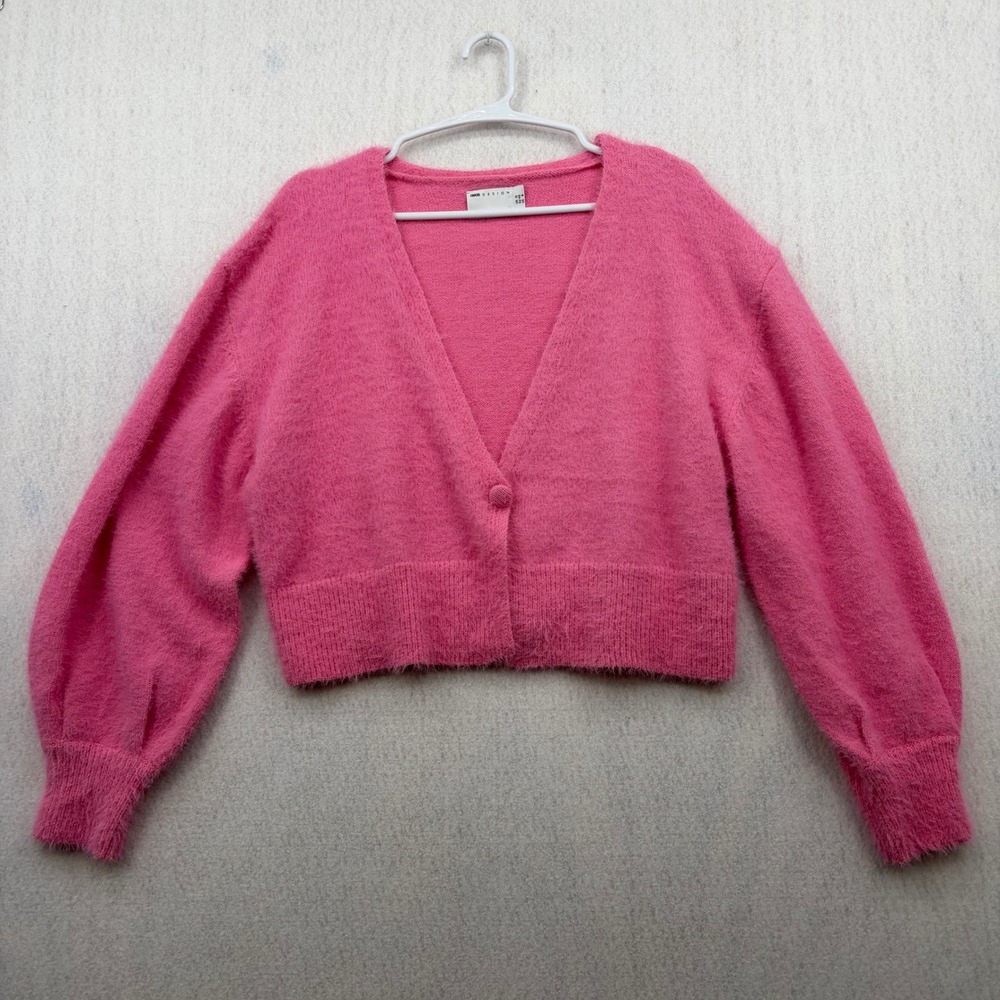 ASOS DESIGN Women Pink Fuzzy Knit Cropped Cardigan Balloon Sleeve V-Neck US 8